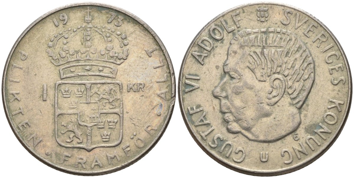 Швеция 1 крона 1973 U, Густав VI Адольф (1950-1973) KM 826a медь плакированный медно-никелем 4150-336