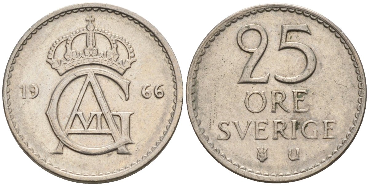 Швеция 25 эре 1966 Густав VI Адольф (1950-1973) KM 836 медно-никель 4585-456