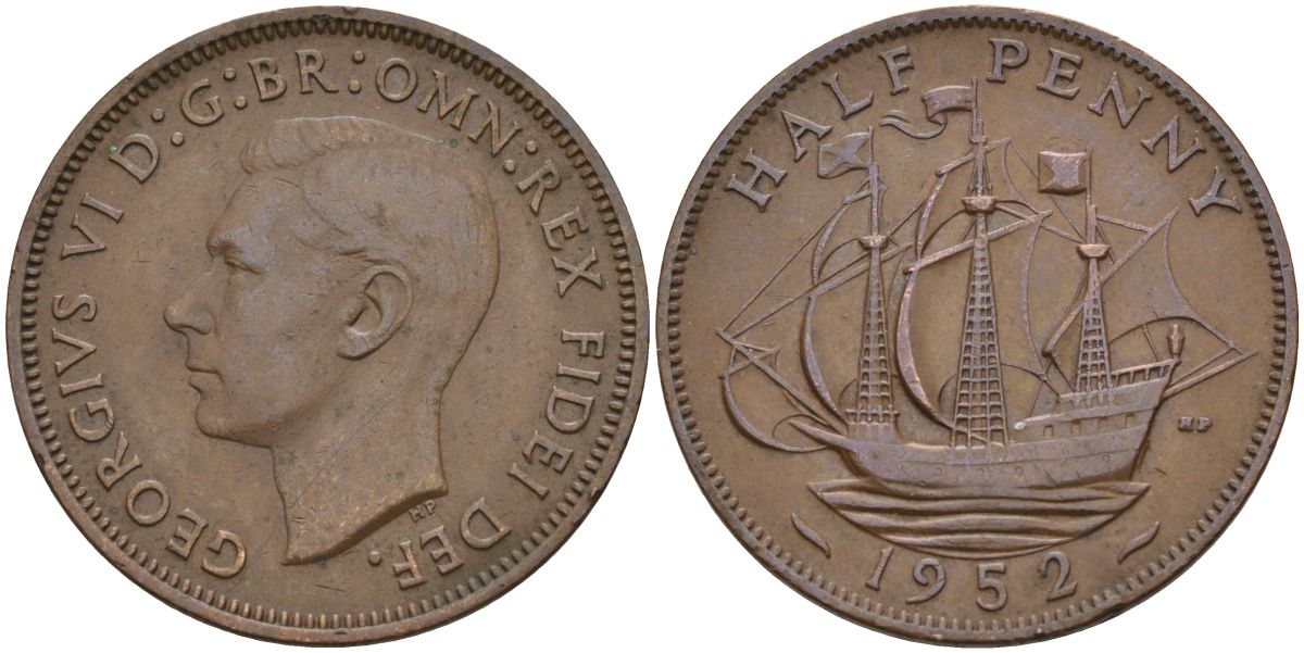Великобритания 1/2 пенни 1952 Георг VI (1936-1952) KM 868, Spink 4118 бронза 4153-836