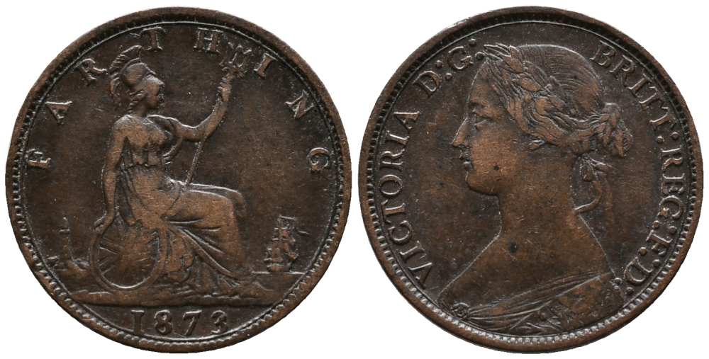 Великобритания 1 фартинг 1873 Виктория (1837-1901) KM 747.2, Spink 3958 бронза  1518-1113