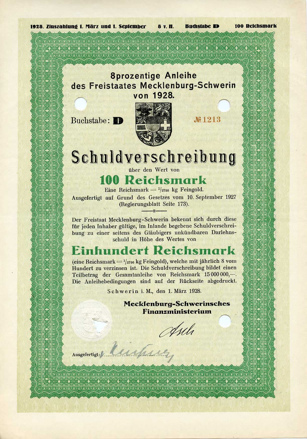 Германия 100 рейхсмарок 1928 Мекленбург-Шверин, Шверин, 8 % долговое обязательство   бумага   8803-91-1