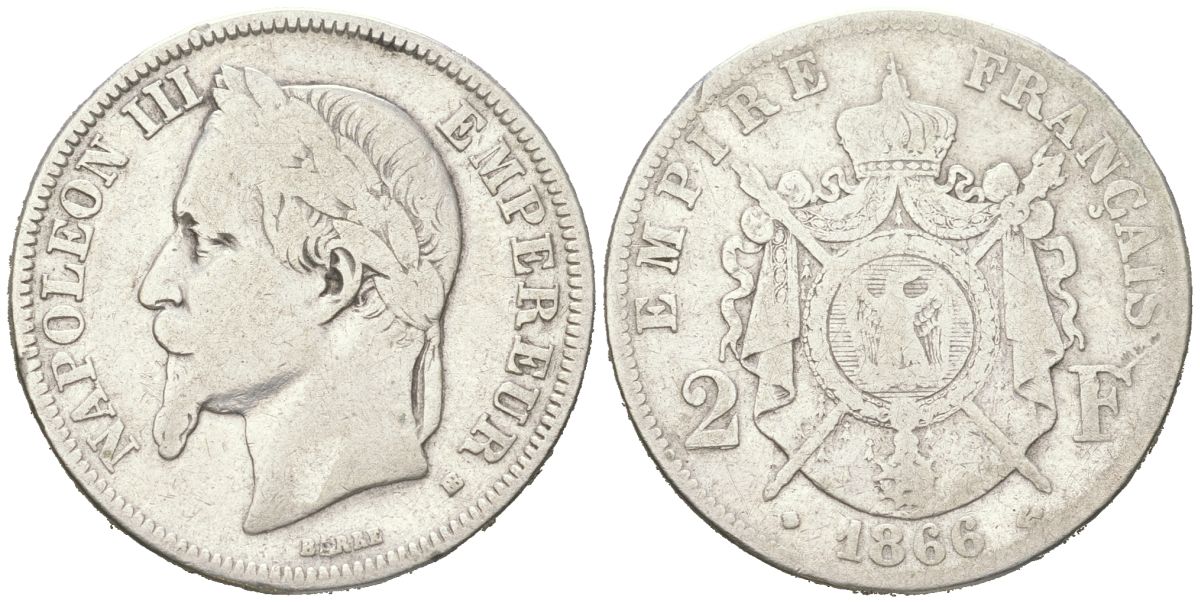 Франция 2 франка 1866 BB, Наполеон III (1852-1870) KM 807.2 серебро 4044-423