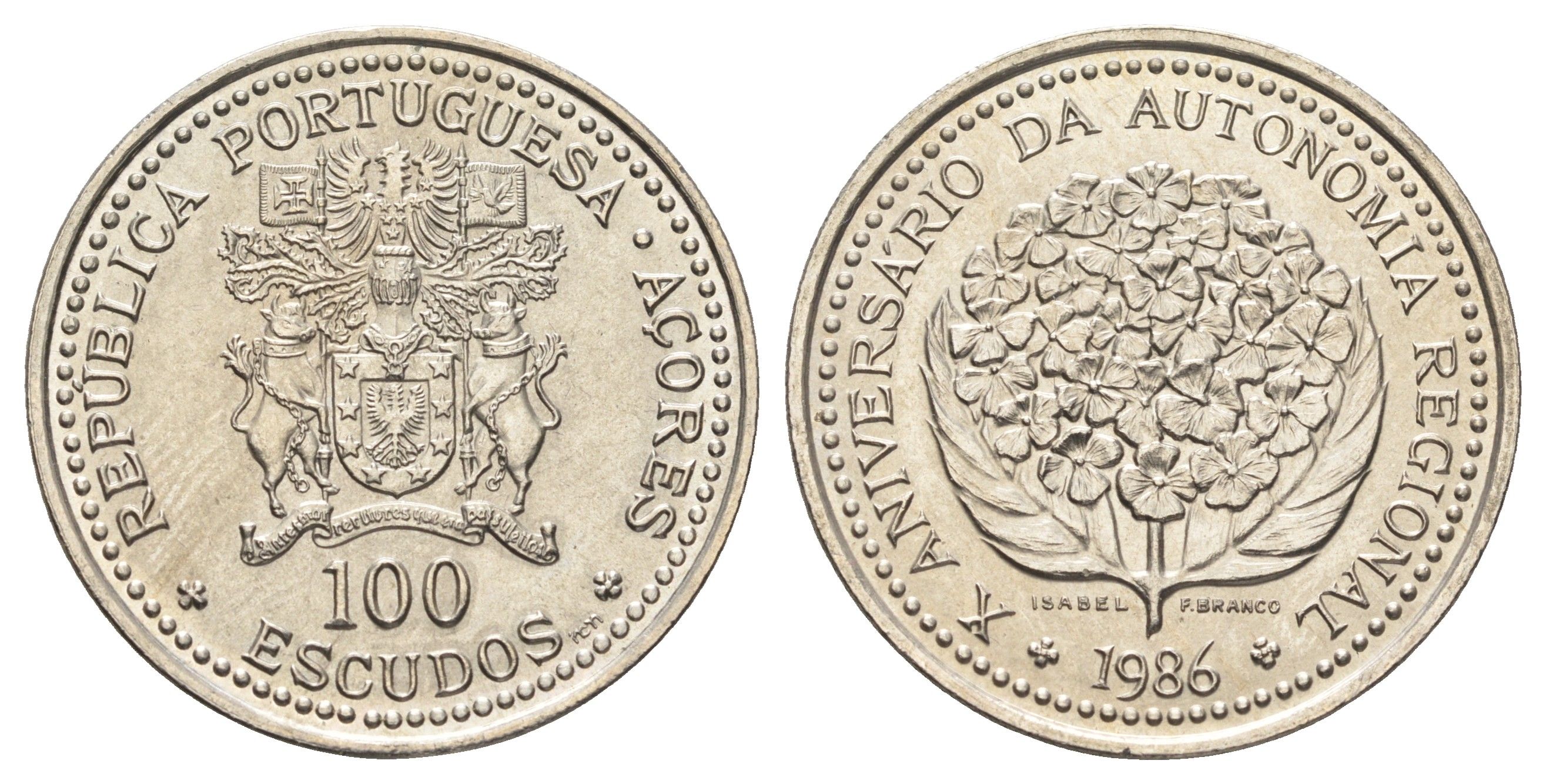 Португалия, Азорские острова 100 эскудо 1986 10 лет автономии Азорских островов KM 45 медно-никель UNC 4542-634