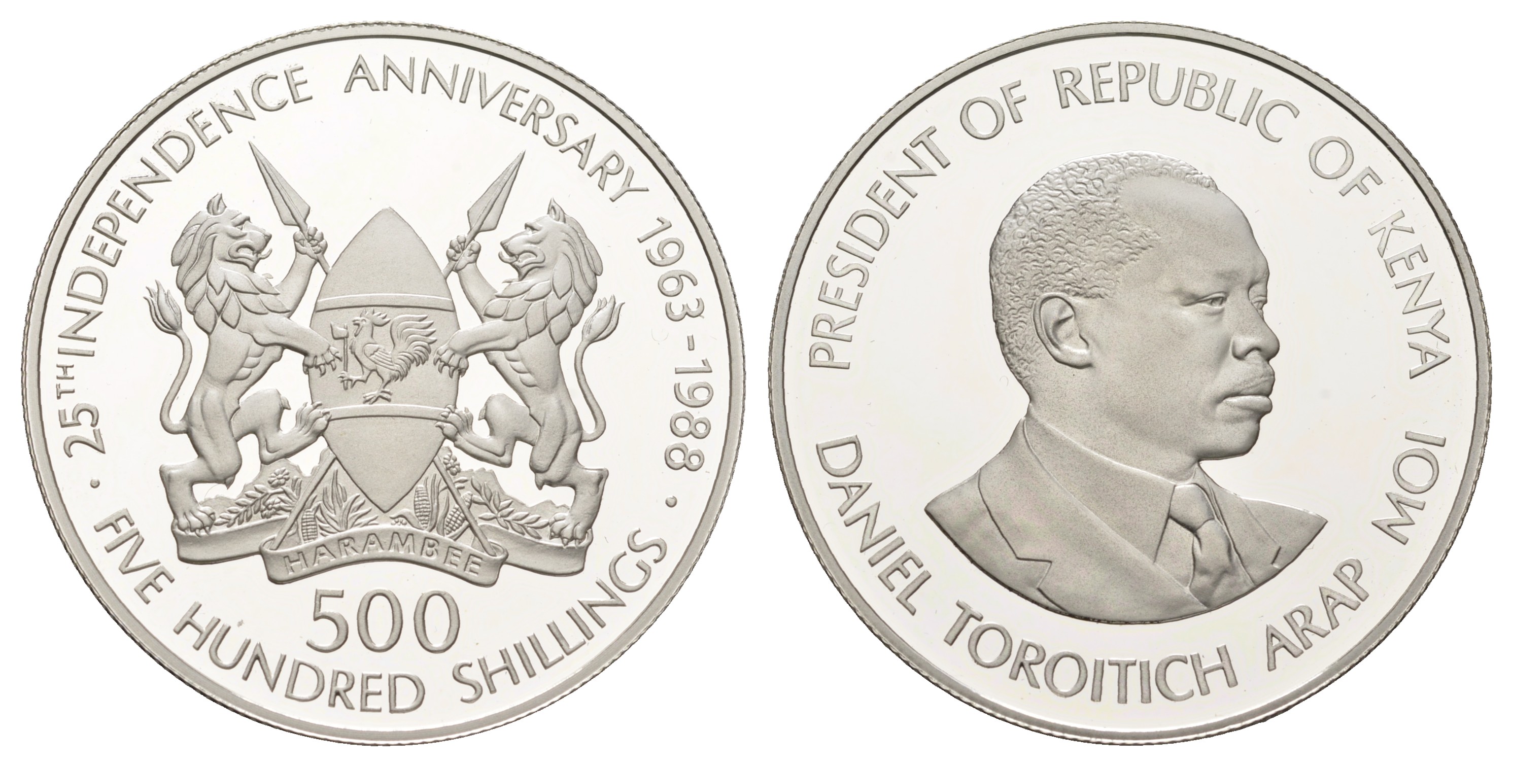 Кения 500 шиллингов 1988 25 лет независимости, Даниель арап Мои, тираж 375 экземпляров КМ 25 серебро PROOF 11-140-13