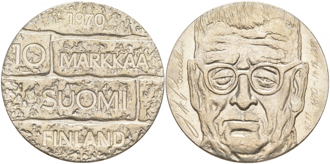 Финляндия 10 марок 1970 S-H, день рождения президента Юхо Паасикиви KM 51 серебро UNC 1521-1143