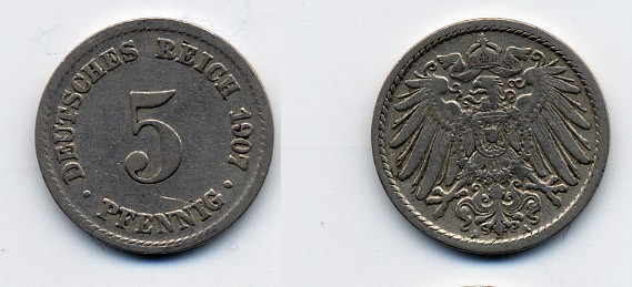 ГЕРМАНИЯ 5 ПФЕННИГОВ 1907 A, KM 11, J. 12 медно-никель 84-968