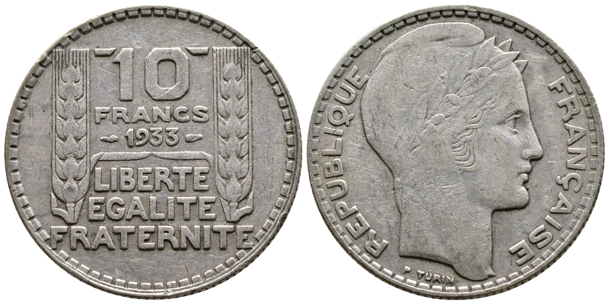 Франция 10 франков 1933 Пьер Тюрен KM 878, Le Franc 360.6 серебро 61-116