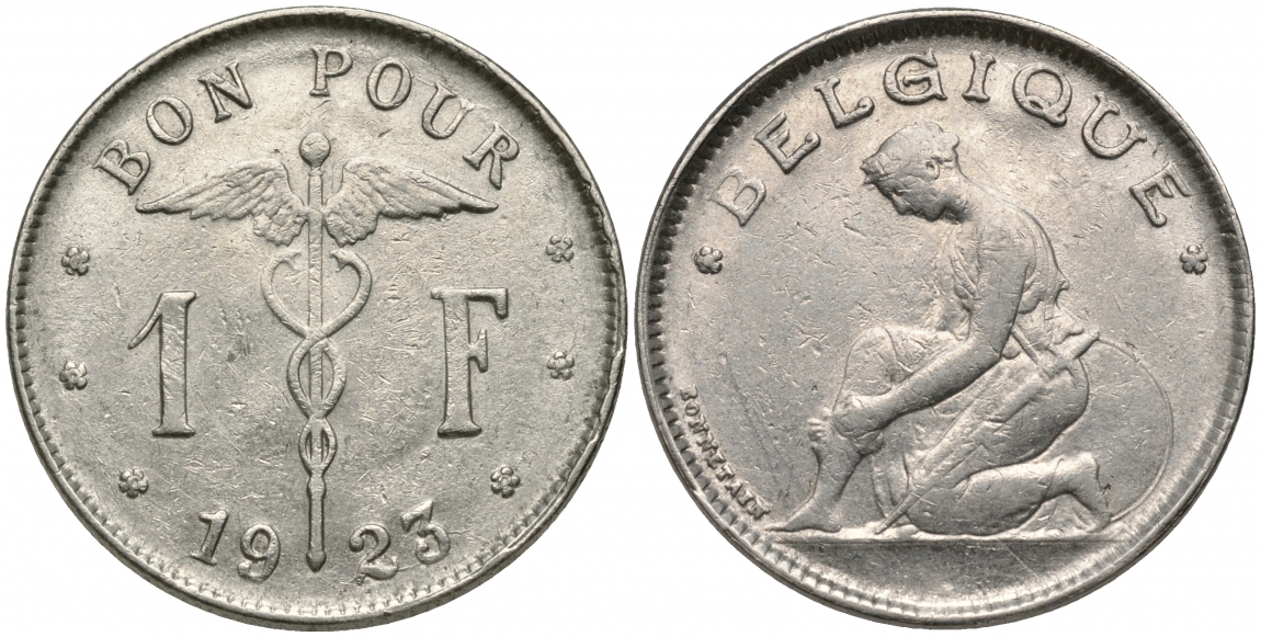 Бельгия 1 франк 1923 Belgique, Альберт I (1909-1934) KM 89 никель 51-1932