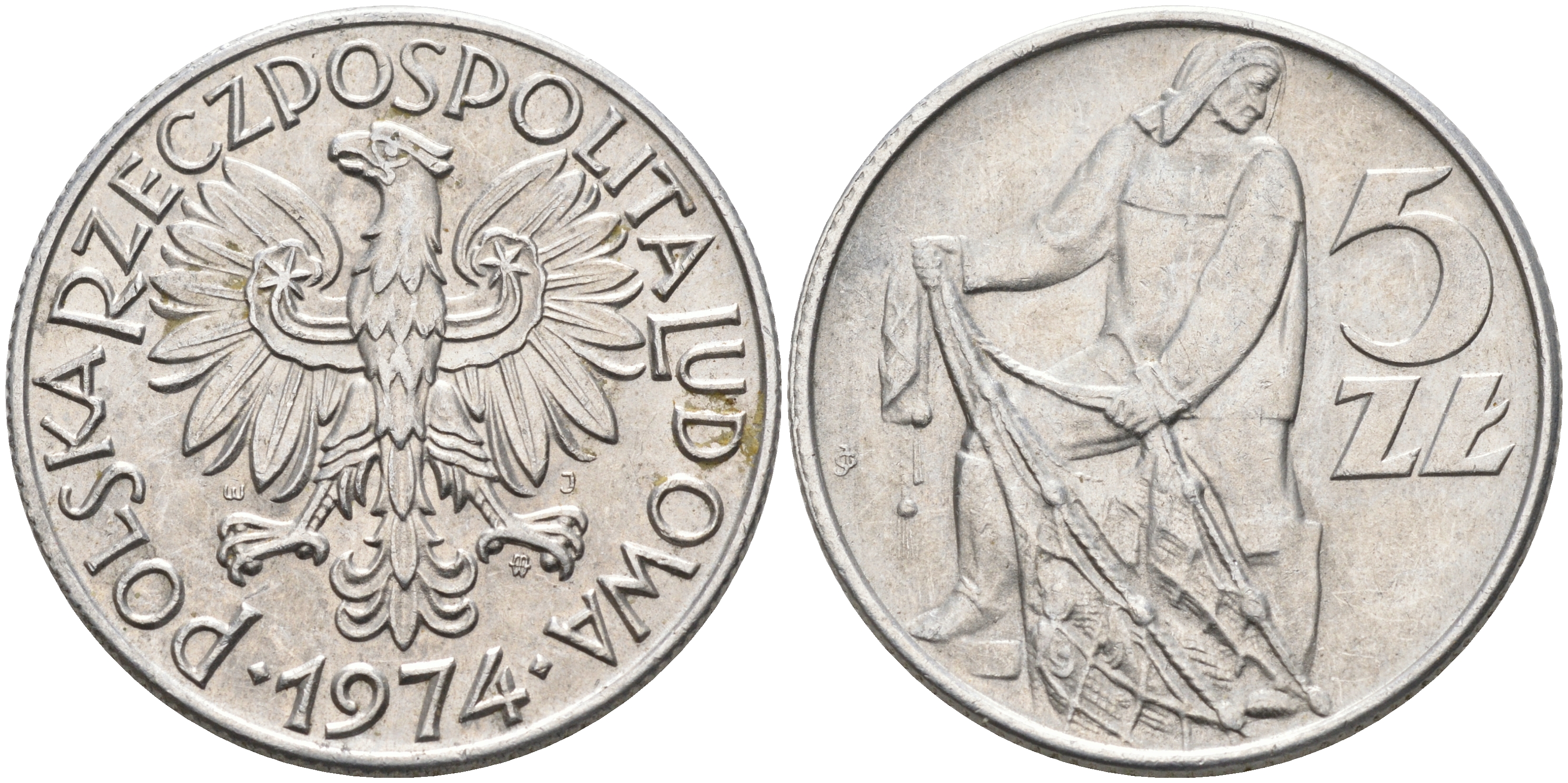 Польша 5 злотых 1974 MW, рыбак KM 47, Parchimowicz 220f алюминий 4565-213