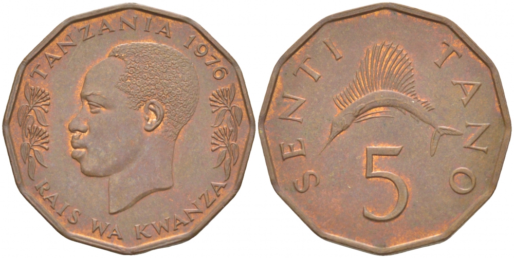 ТАНЗАНИЯ 5 СЕНТИ 1976 KM 1 бронза 3457-753