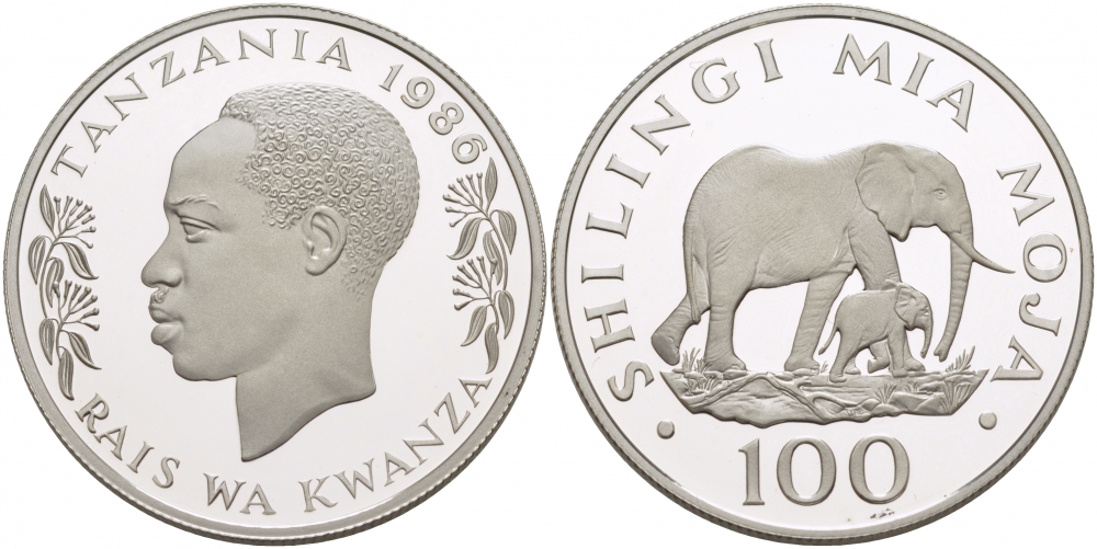 Танзания 100 шиллингов 1986 серия 25 лет окружающей среды, слоны, тираж 25000 экз. ​KM 18а серебро PROOF 1068-5-51