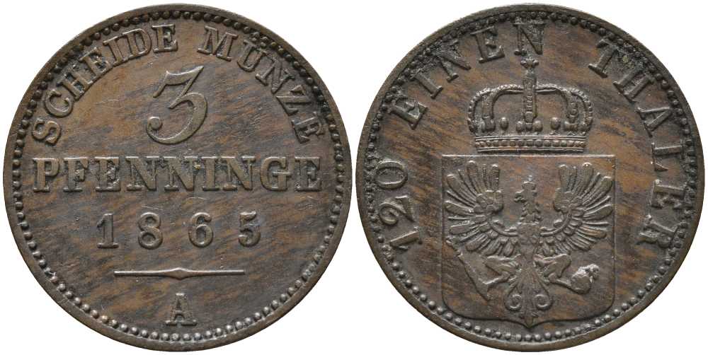 ПРУССИЯ 3 ПФЕННИГА 1865 А, ВИЛЬГЕЛЬМ I (1861-1888) KM 482 медь 4448-1127