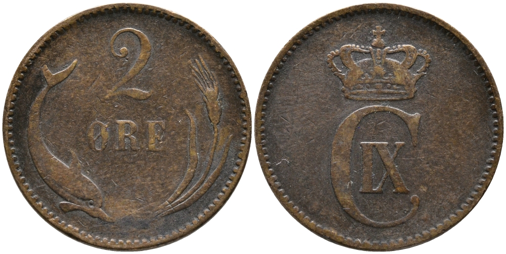 ДАНИЯ 2 ЭРЕ 188х КРИСТИАН IX (1863-1906) KM 793.1 бронза 28-1023