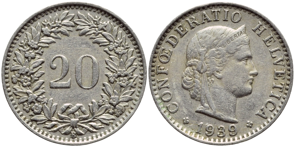 ШВЕЙЦАРИЯ 20 РАППЕНОВ 1939 B KM 29а медно-никель 4397-436