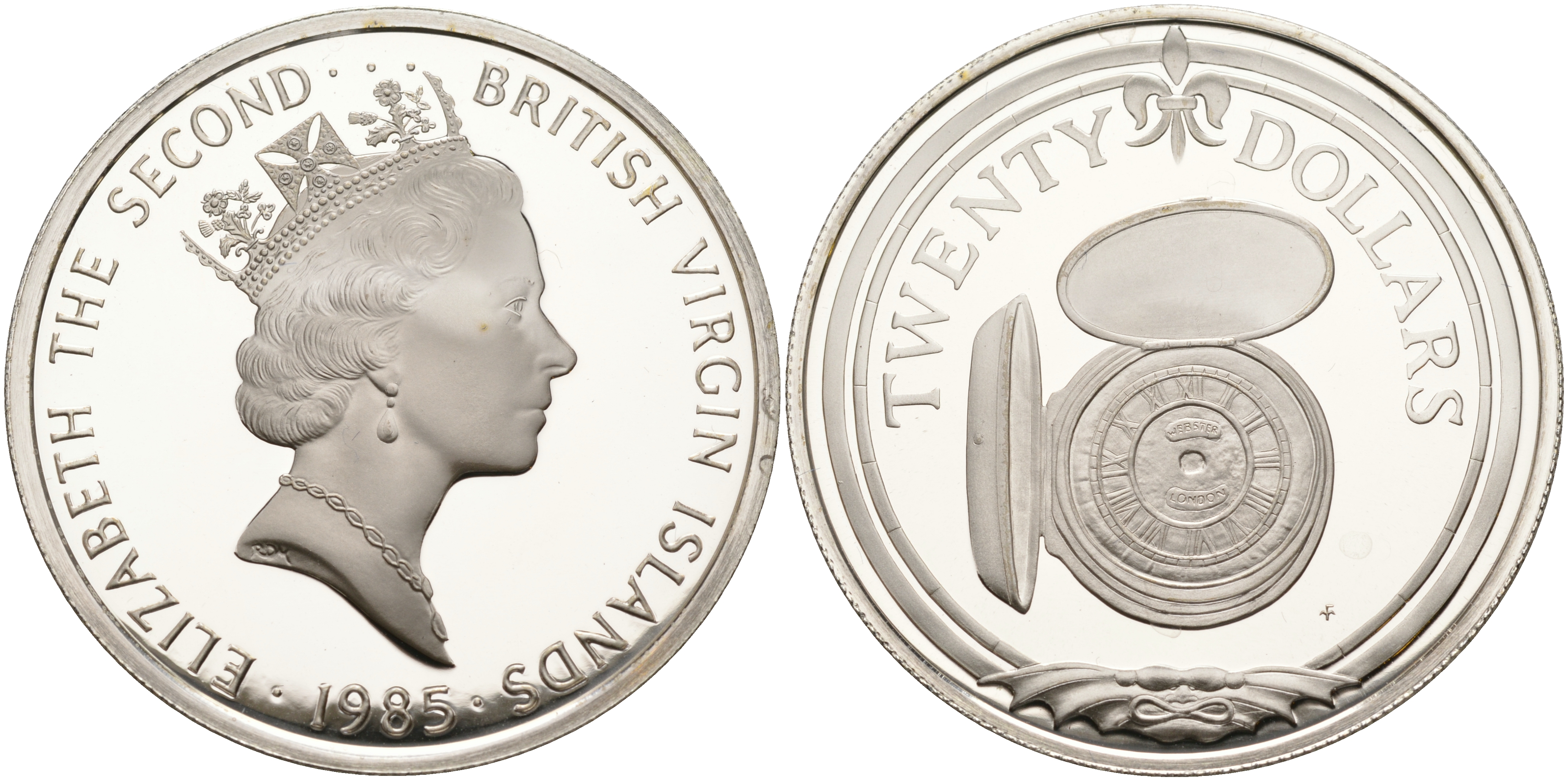 Британские Виргинские острова 20 долларов 1985 карманные часы KM 71 серебро  PROOF  1095-2-64