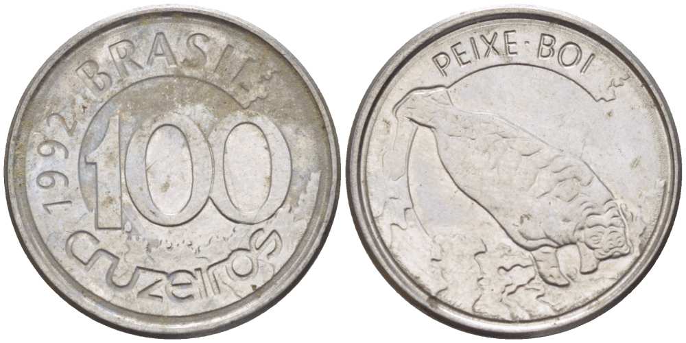 БРАЗИЛИЯ 100 КРУЗЕЙРО 1992 РЕФОРМА 1990-1993, ЛАМАНТИН KM 623 нержавеющая сталь 4392-1042