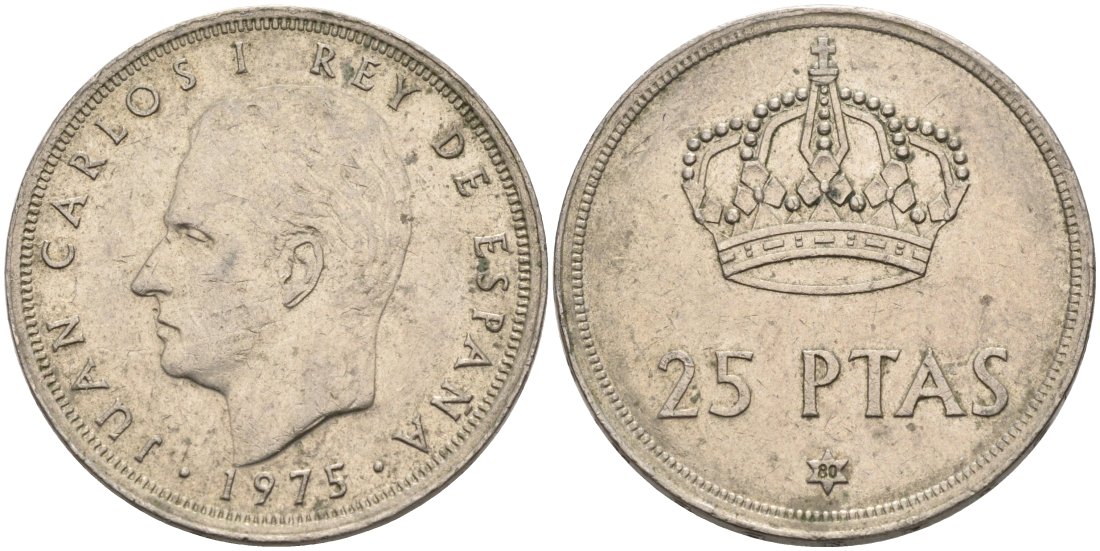 Испания 25 песет 1975 (80) Хуан Карлос I (1975-2014) KM 808 медно-никель 4572-1035