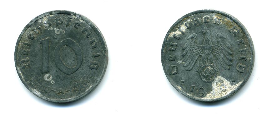 ГЕРМАНИЯ 10 РЕЙХСПФЕННИГОВ 1940 A, KM 101, J. 371 цинк 46-2552