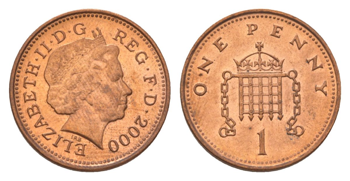 Великобритания 1 пенни 2000 Елизавета II (1952-2022) KM 986, Spink 4710 (B5) сталь плакированная медью UNC 4627-649