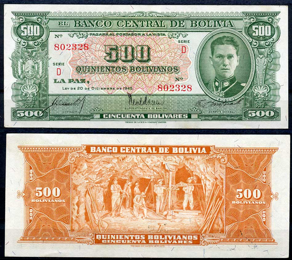 Боливия 500 боливиано 1945 серия D, Херман Буш Бесерра, шахтеры, TDLR Pick 148 (1)  бумага  aUNC 451-360-2