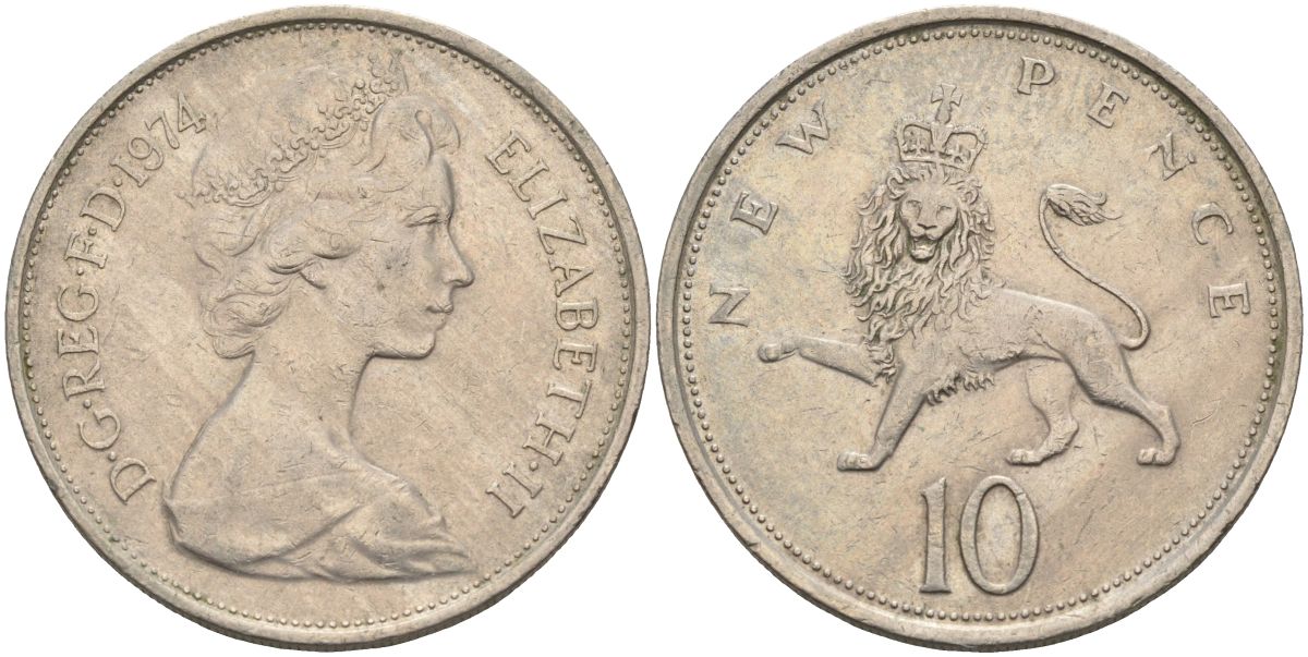 Великобритания 10 пенсов 1974 Елизавета II (1952-2022) KM 912, Spink 4231 (F1) медно-никель 4117-924