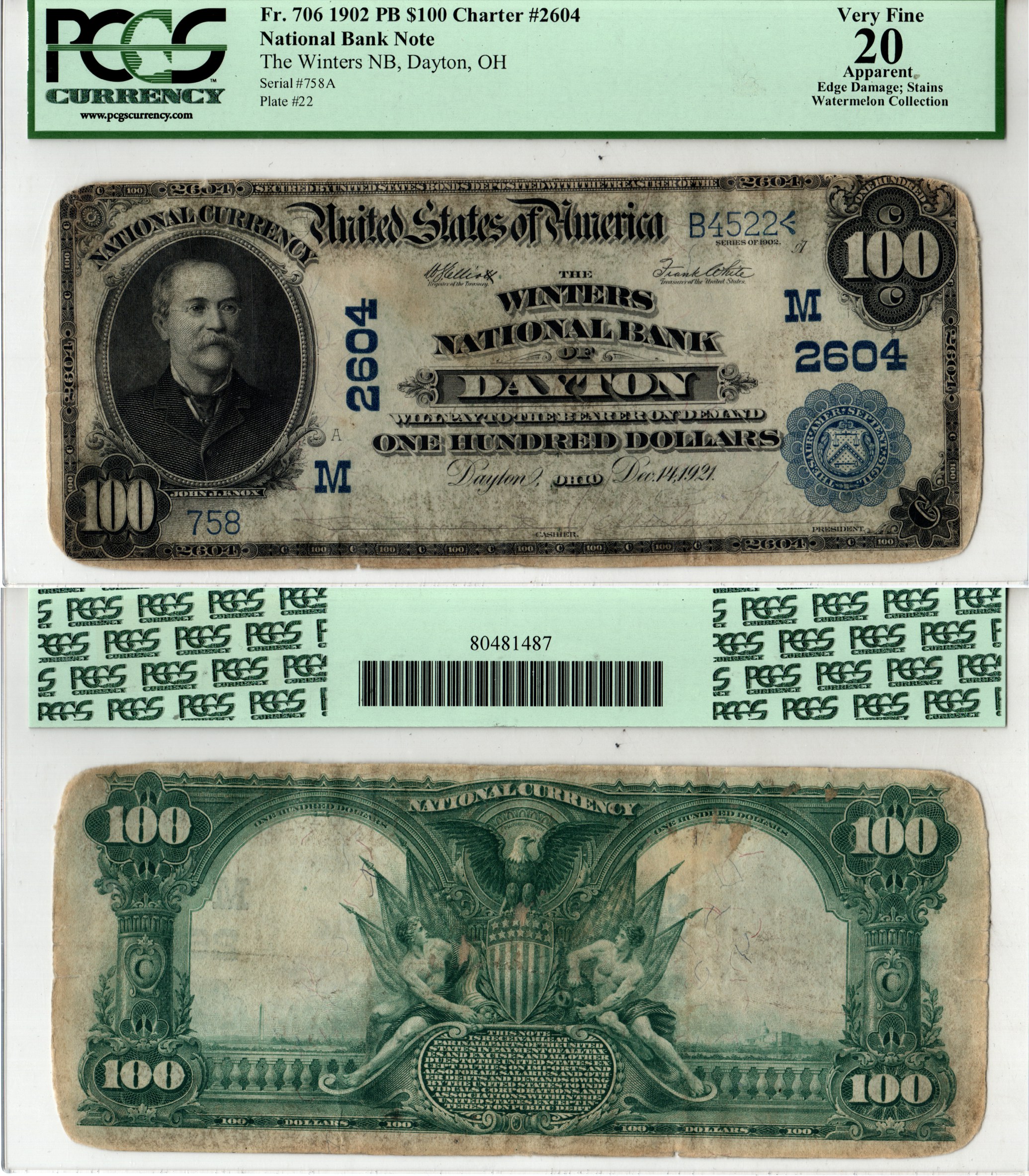 США, National Bank Note 100 долларов 1902 Национальный Банк Винтерс, Дейтон, Огайо. В слабе компании PCGS Currency. Сохранность - «20 Apparent». Fr. 706  бумага   10-2-4