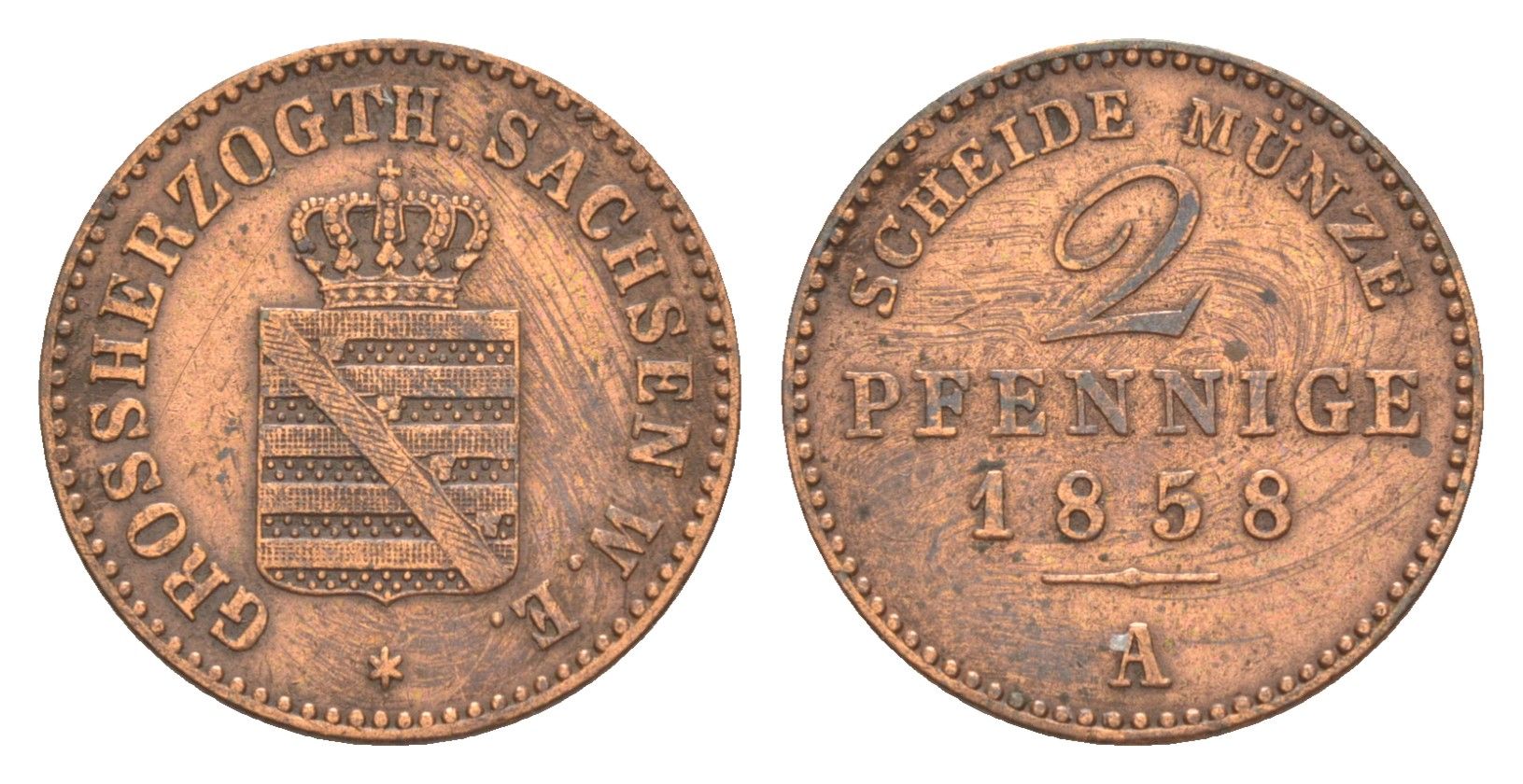 Саксен-Веймар-Эйзенах 2 пфеннига 1858 A, Карл Александр (1853-1901) KM 206 медь 4643-1051