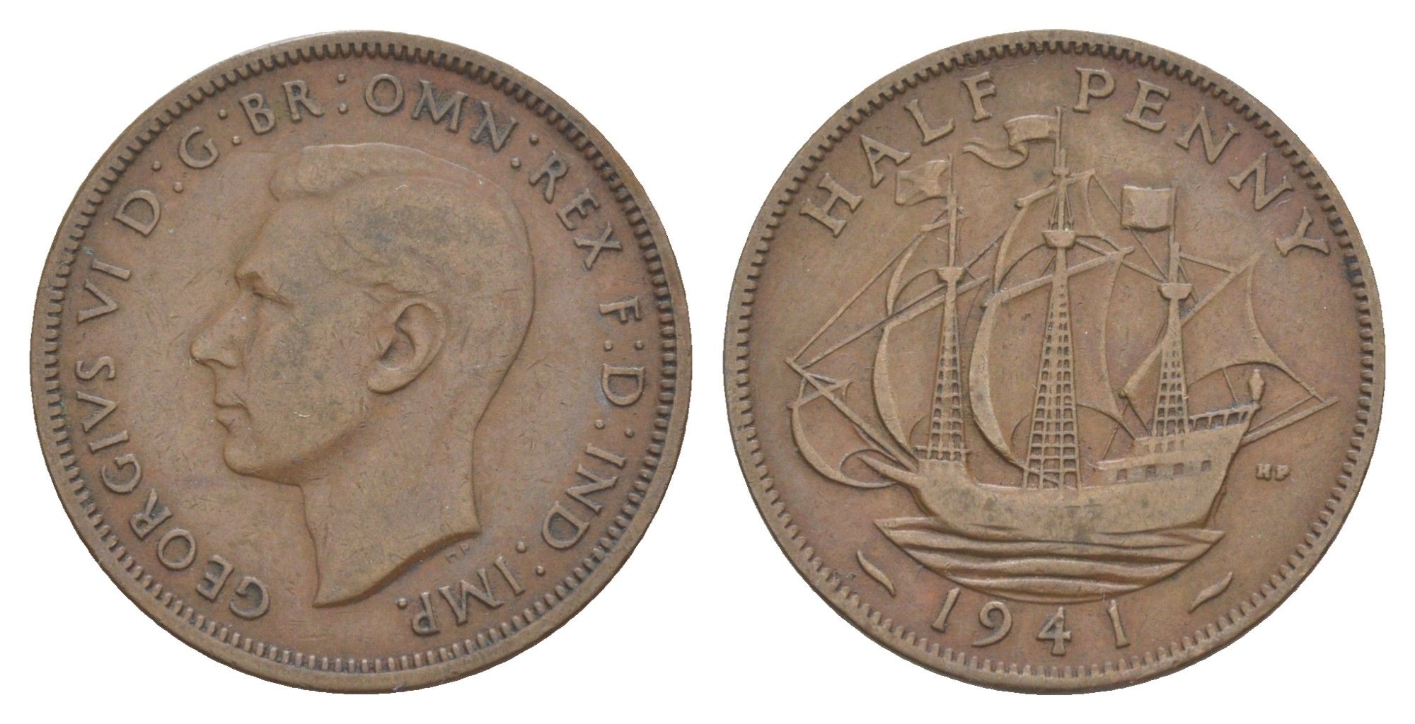 Великобритания 1/2 пенни 1941 Георг VI (1936-1952) KM 844, Spink 4115 бронза 4605-155