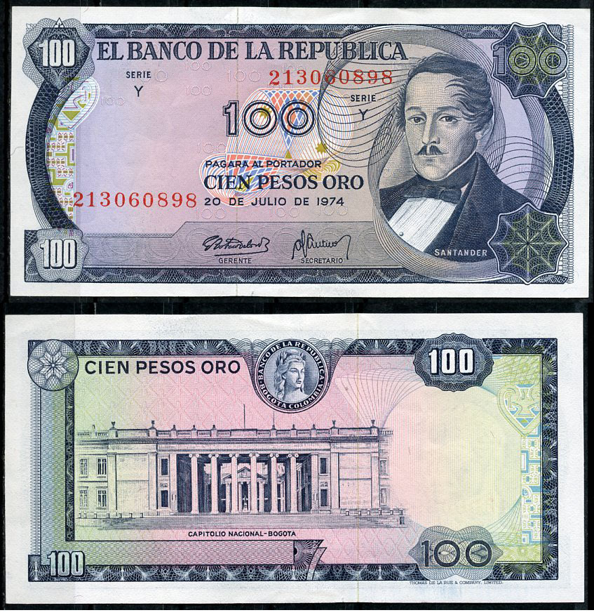 Колумбия 100 песо 1974 генерал Франсиско де Паула Сантандер, герой освободительной войны Pick 415  бумага  UNC (пресс) 7219-11-1-1