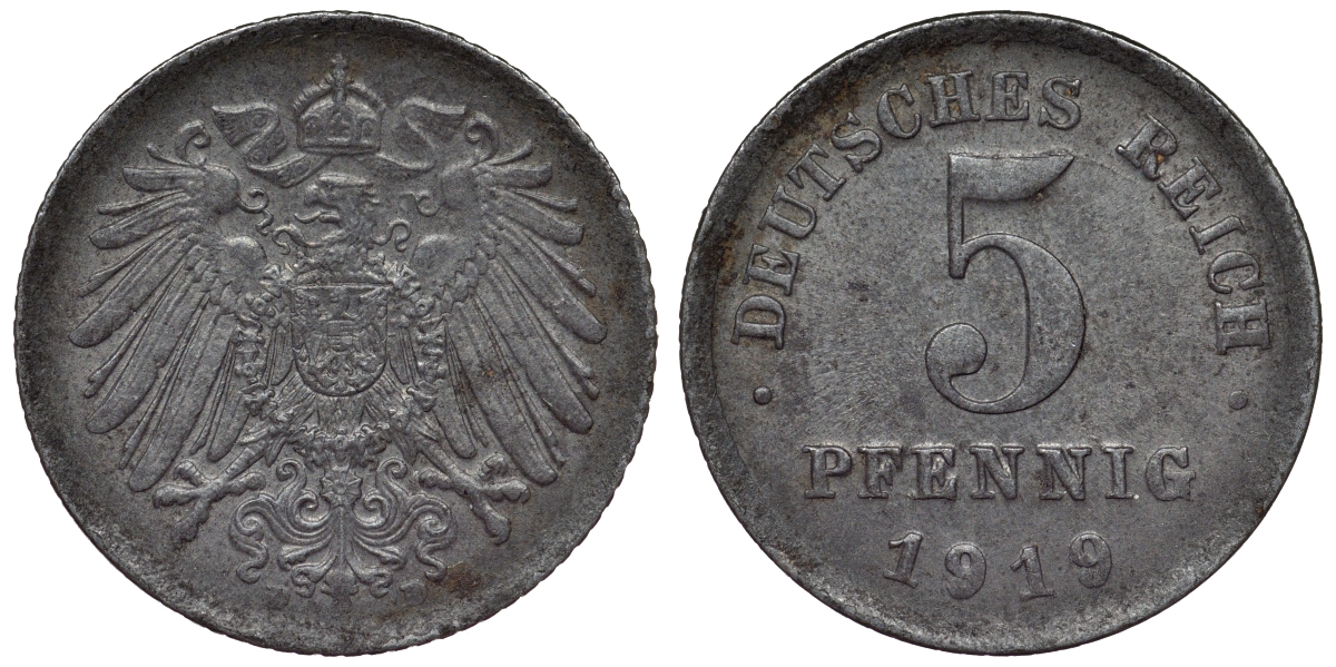 Германия 5 пфеннигов 1919 D KM 19, J. 297, Weege 5 железо 4118-1157