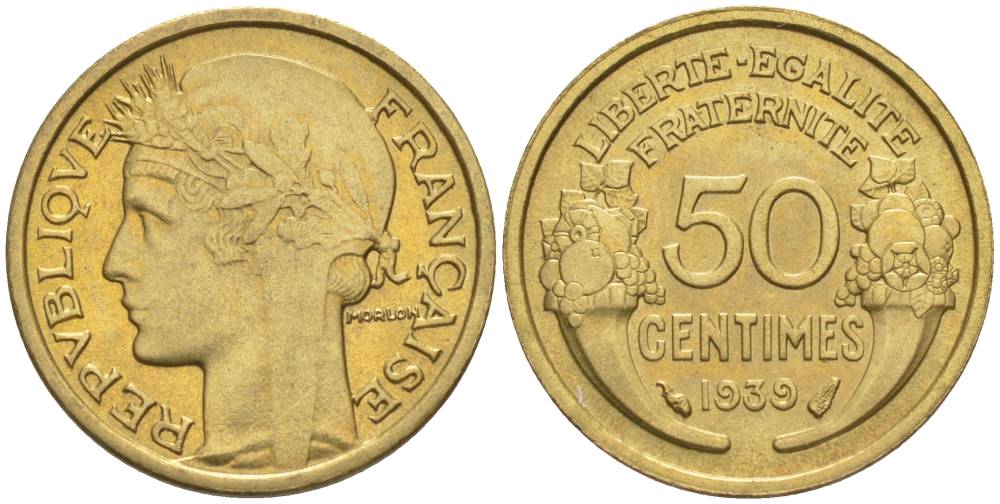 ФРАНЦИЯ 50 САНТИМОВ 1939 ТИП MORLON KM 894.1, LE FRANC 192.15 алюминиевая бронза 44-913