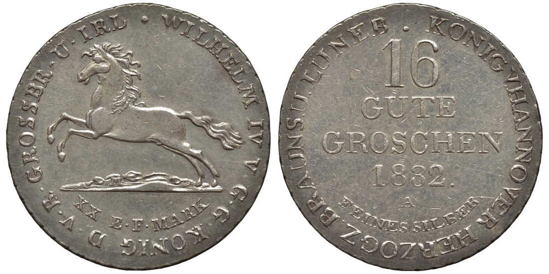 Брауншвейг-Каленберг-Ганновер 16 гутергрошенов 1832 A, Вильгельм IV (1830-1837) J. 33 c, AKS 66, Kahnt 212 серебро    11-119-53
