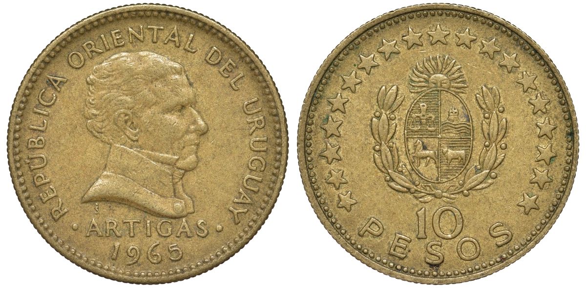 Уругвай 10 песо 1965 KM 48 алюминиевая бронза 4574-1033