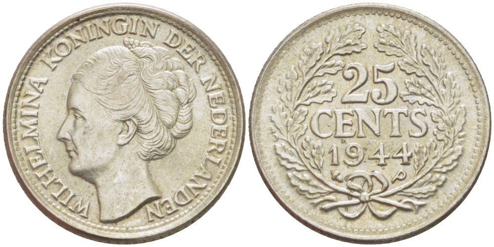 Нидерланды 25 центов 1944 Вильгельмина (1890-1948) KM 164 серебро aUNC 66-1159