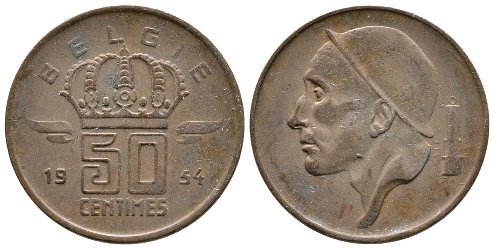 БЕЛЬГИЯ 50 САНТИМОВ 1954 BELGIE KM 145 бронза 4383-1145