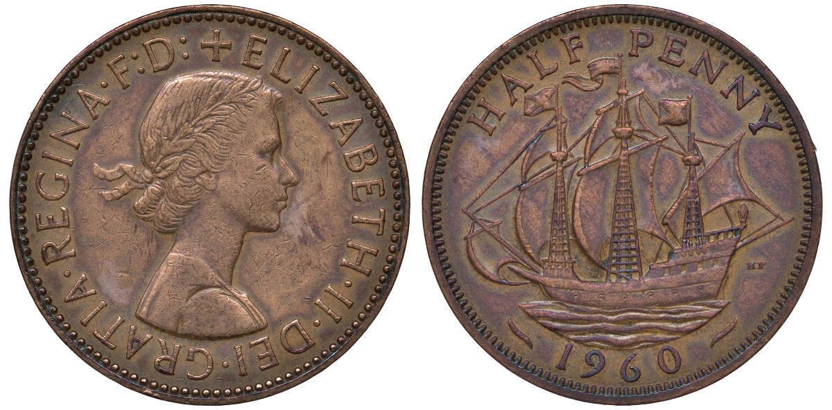 Великобритания 1/2 пенни 1960 Елизавета II (1952-2022) KM 896, Spink 4158 бронза 4122-827