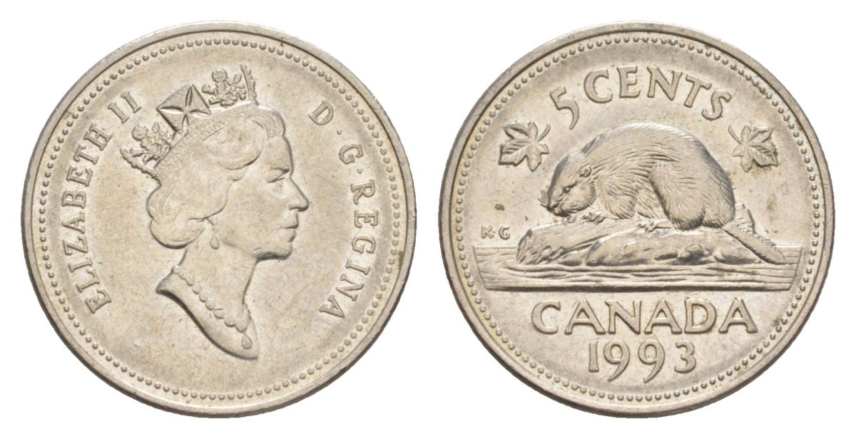 Канада 5 центов 1993 Елизавета II (1952-2022), бобр KM 182 медно-никель 4630-743