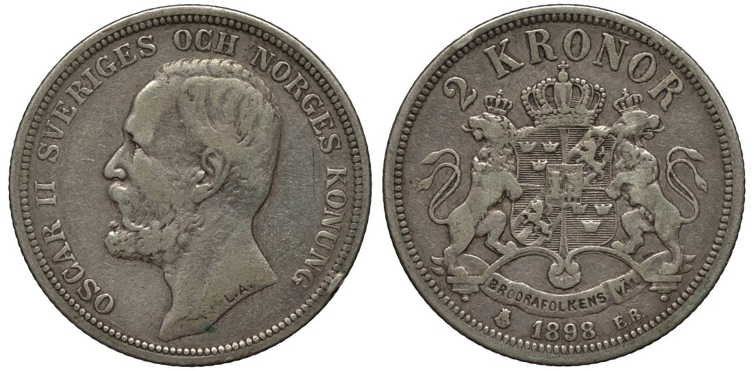 Швеция 2 кроны 1898 EB, Оскар II (1872-1907) король Швеции и Норвегии KM 761 серебро 413-6215