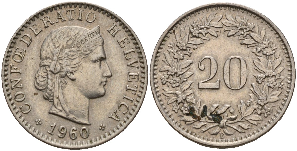 Швейцария 20 раппенов 1960 B KM 29a медно-никель 4187-547