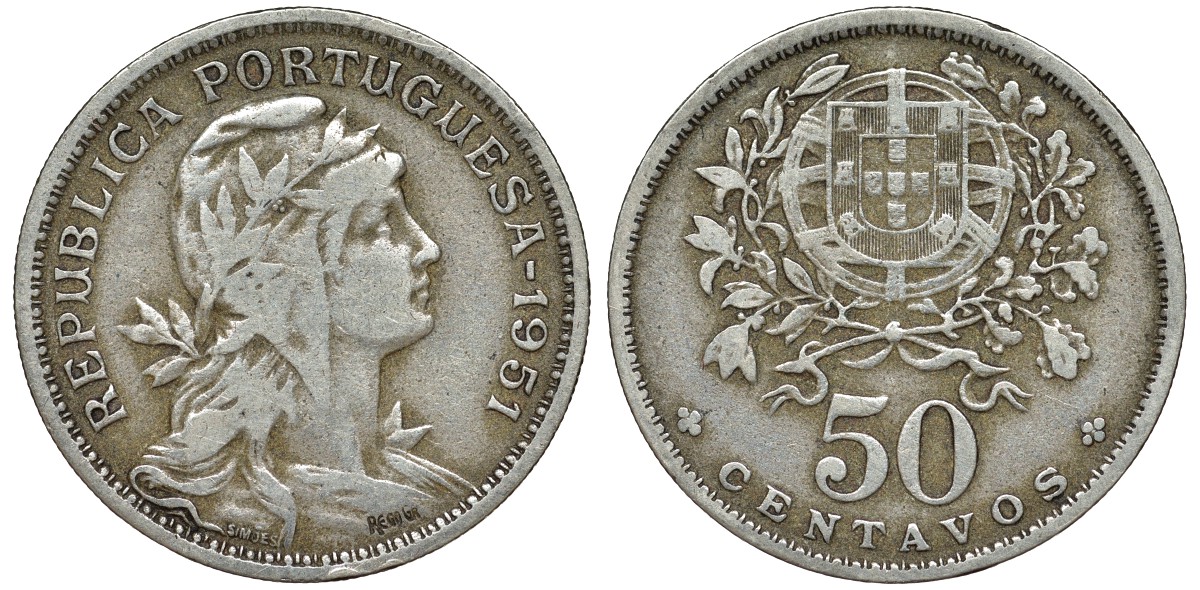 Португалия 50 сентаво 1951 KM 577 медно-никель 51-3342