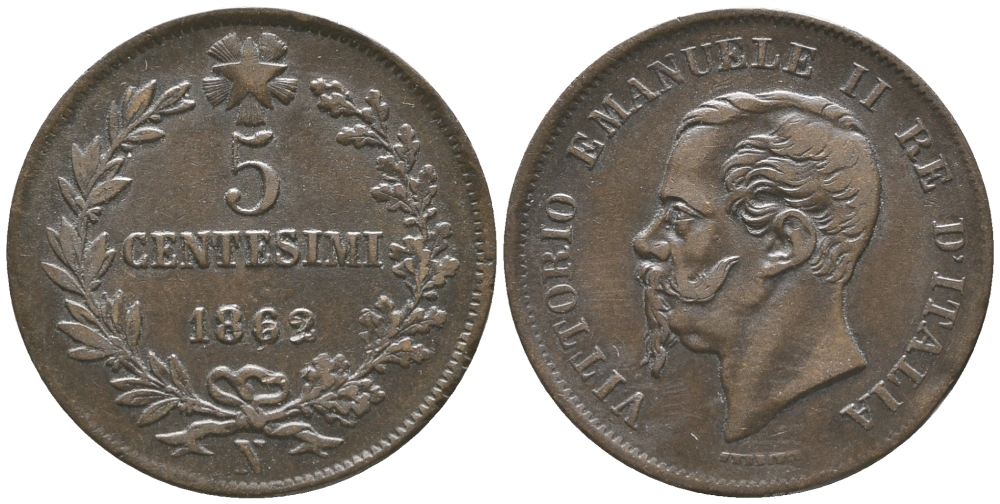 ИТАЛИЯ 5 ЧЕНТЕЗИМО 1862 N, ВИКТОР ЭММАНУИЛ II (1861-1878) KM 3.3 медь 34-245