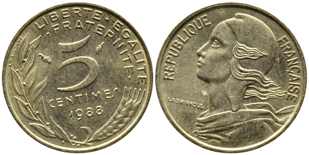 ФРАНЦИЯ 5 САНТИМОВ 1988 ТИП MARIANNE KM 933 медь алюминий никель 4392-458
