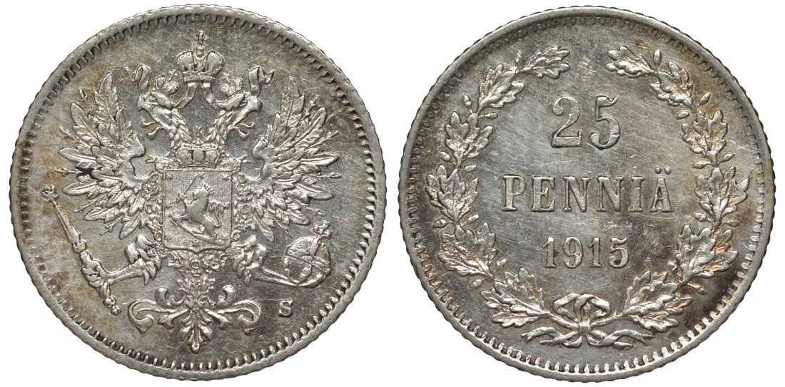 Россия для Финляндии 25 пенни 1915 S, Николай II (1894-1917) KM 6.2, Биткин 420 серебро 75-1165
