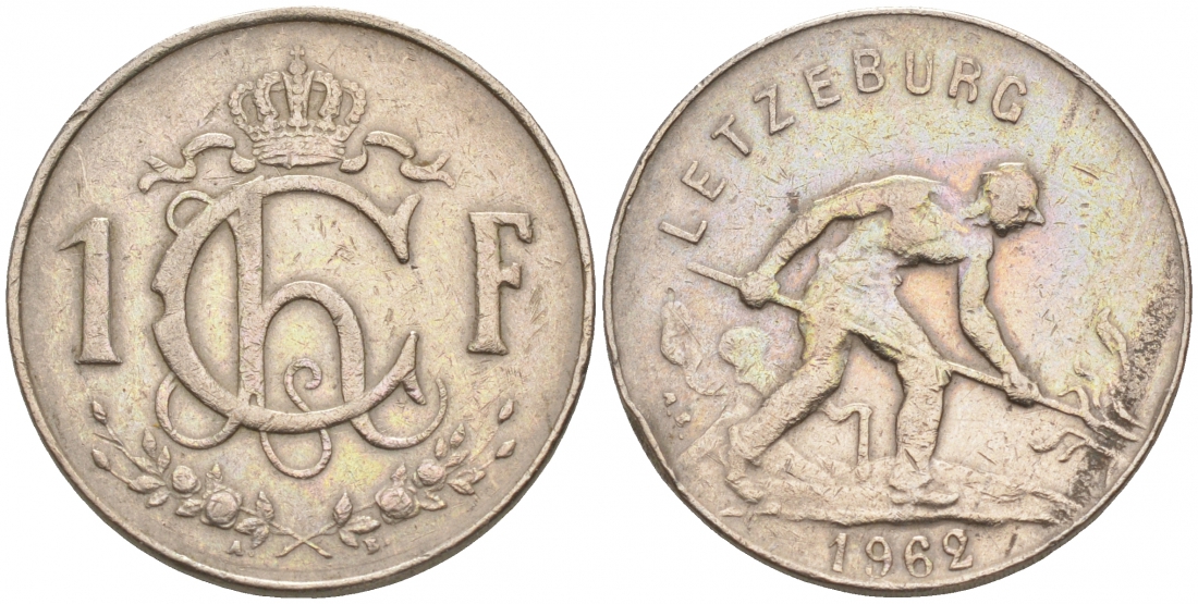 Люксембург 1 франк 1962 сталевар KM 46.2 медно-никель 68-615