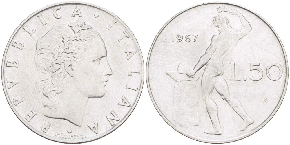 ИТАЛИЯ 50 ЛИР 1967 R, КУЗНЕЦ, ВУЛКАН БОГ ОГНЯ, ДИАМЕТР 25 ММ. KM 95.1 нержавеющая сталь 4390-952