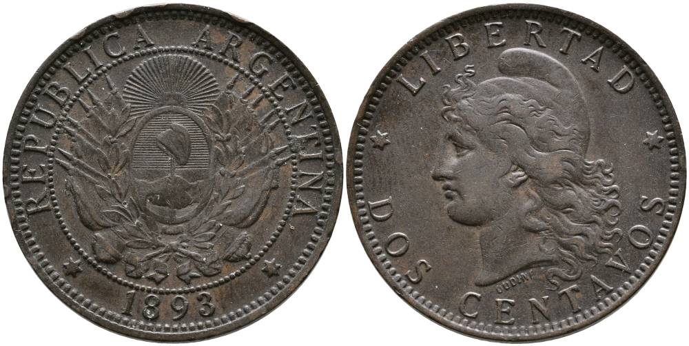 Аргентина 2 сентаво 1893 голова свободы влево KM 8 бронза 4531-1142