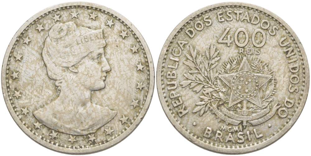БРАЗИЛИЯ 400 РЕЙС 1901 ГОЛОВА СВОБОДЫ ВПРАВО KM 505 медно-никель 4517-1231
