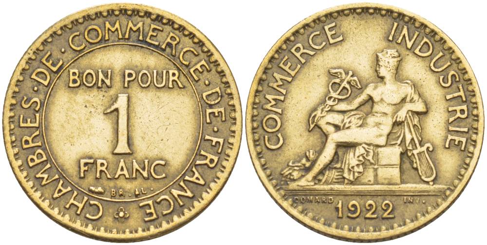 ФРАНЦИЯ 1 ФРАНК 1922 CHAMBRES DE COMMERCE KM 876, LE FRANC 218.4 алюминиевая бронза 4551-632