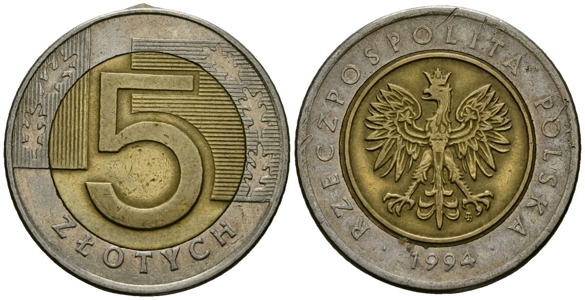 Польша 5 злотых 1994 MW KM 284 биметалл 4138-456