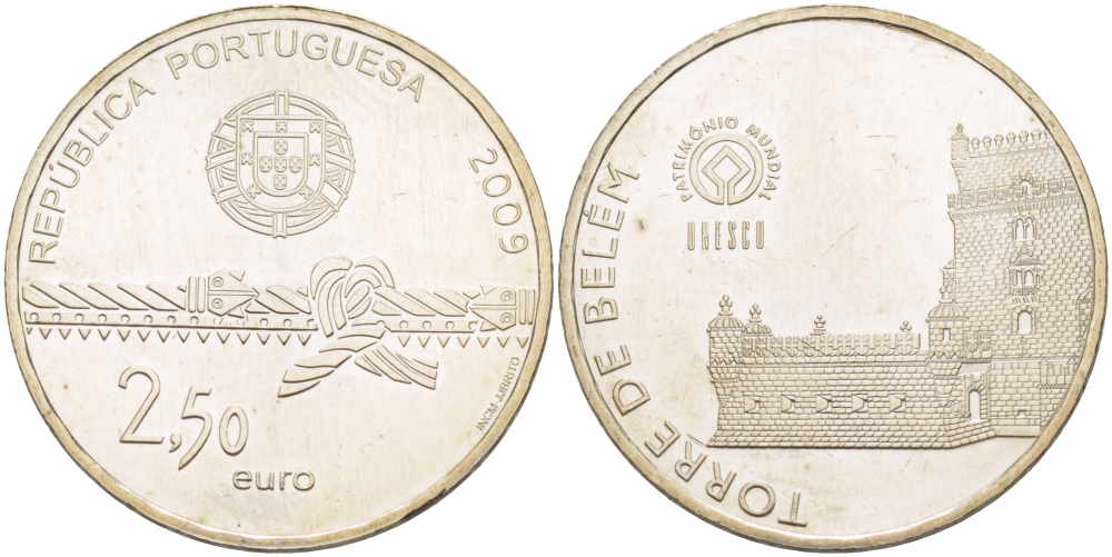 ПОРТУГАЛИЯ 2 1/2 ЕВРО ЕВРО 2009 БАШНЯ БЕЛЕМ KM 793 медно-никель UNC 06-255-32